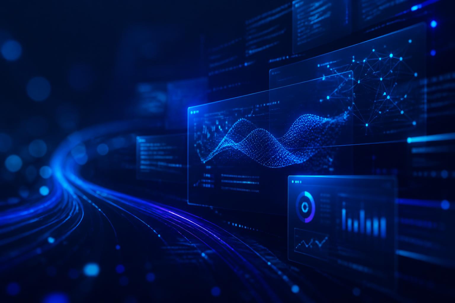 Painéis de dados e conexões digitais representando os sistemas da InspireCode